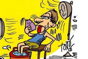 γελοιγραφία που απεικονίζει ατομο να προσπαθεί να δροσιστεί λόγω καύσωνα